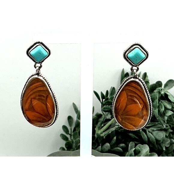 Drop Earrings With Brown Floral Swirl Teardrop & Turquoise Color Square Stones - Picture 6 of 8